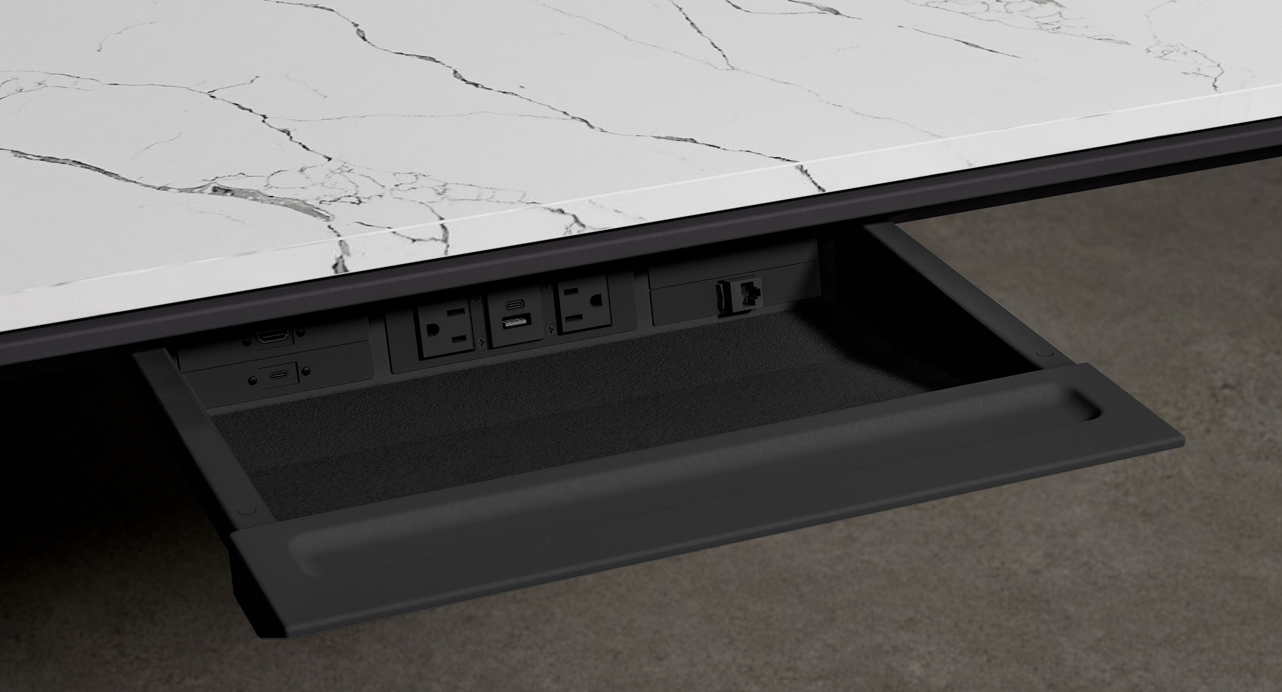 Perimeter power drawers are now seamlessly integrated into the Halo edge, providing patented protection for table and chair and delivering even more technology and accessory storage.