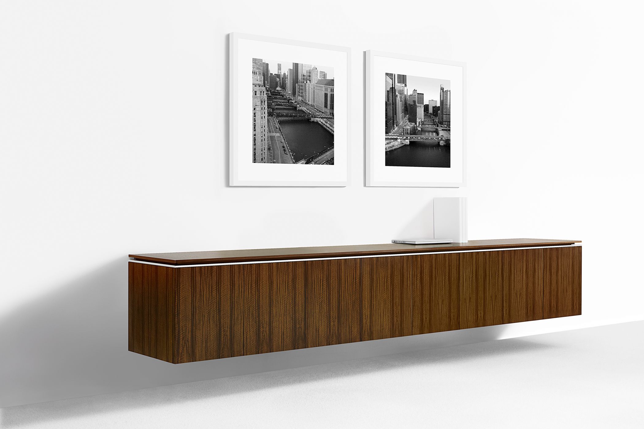 Mesa floating credenzas are mounted directly to your structural wall.