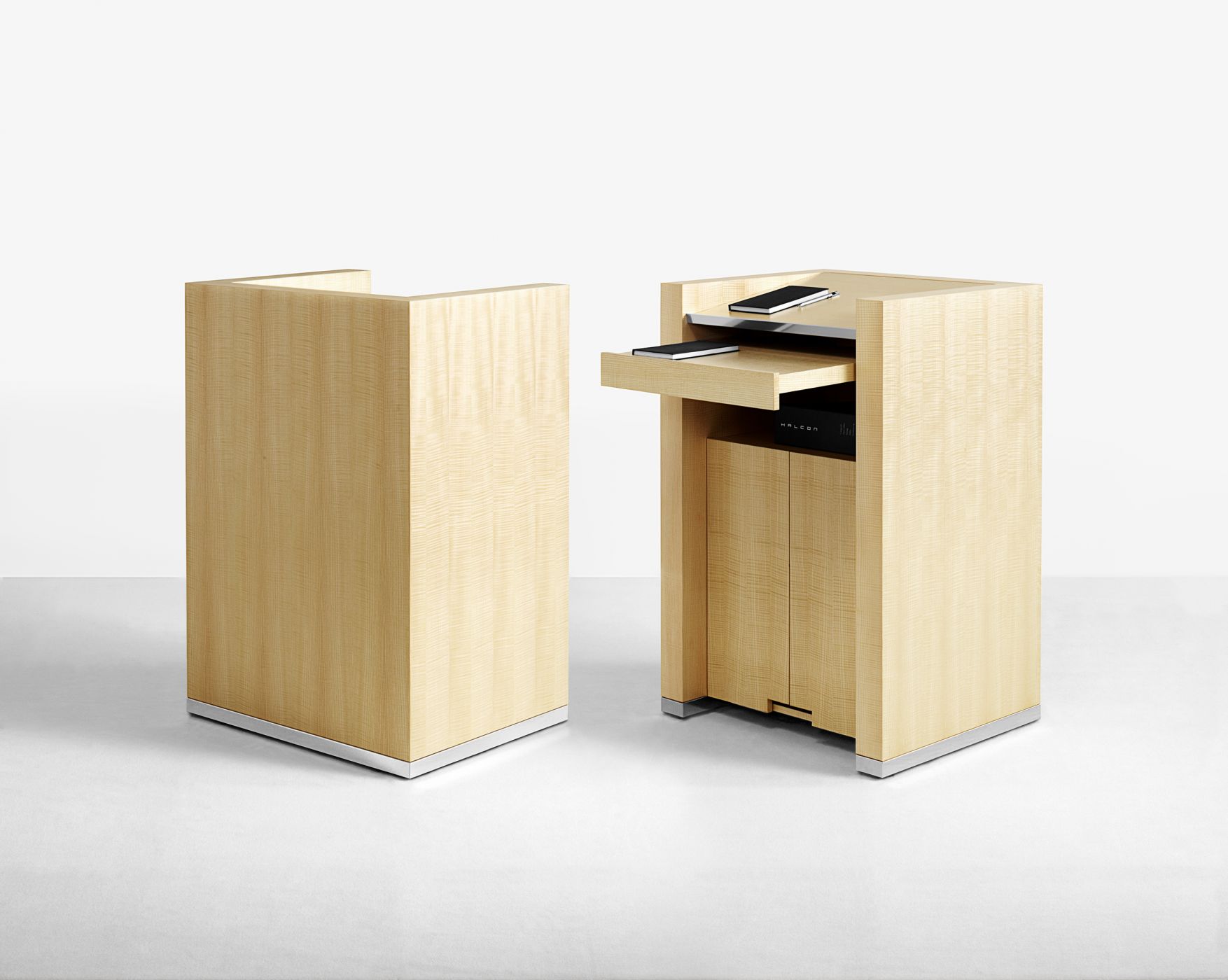 Mobile lectern with storage and pull-out tray.
