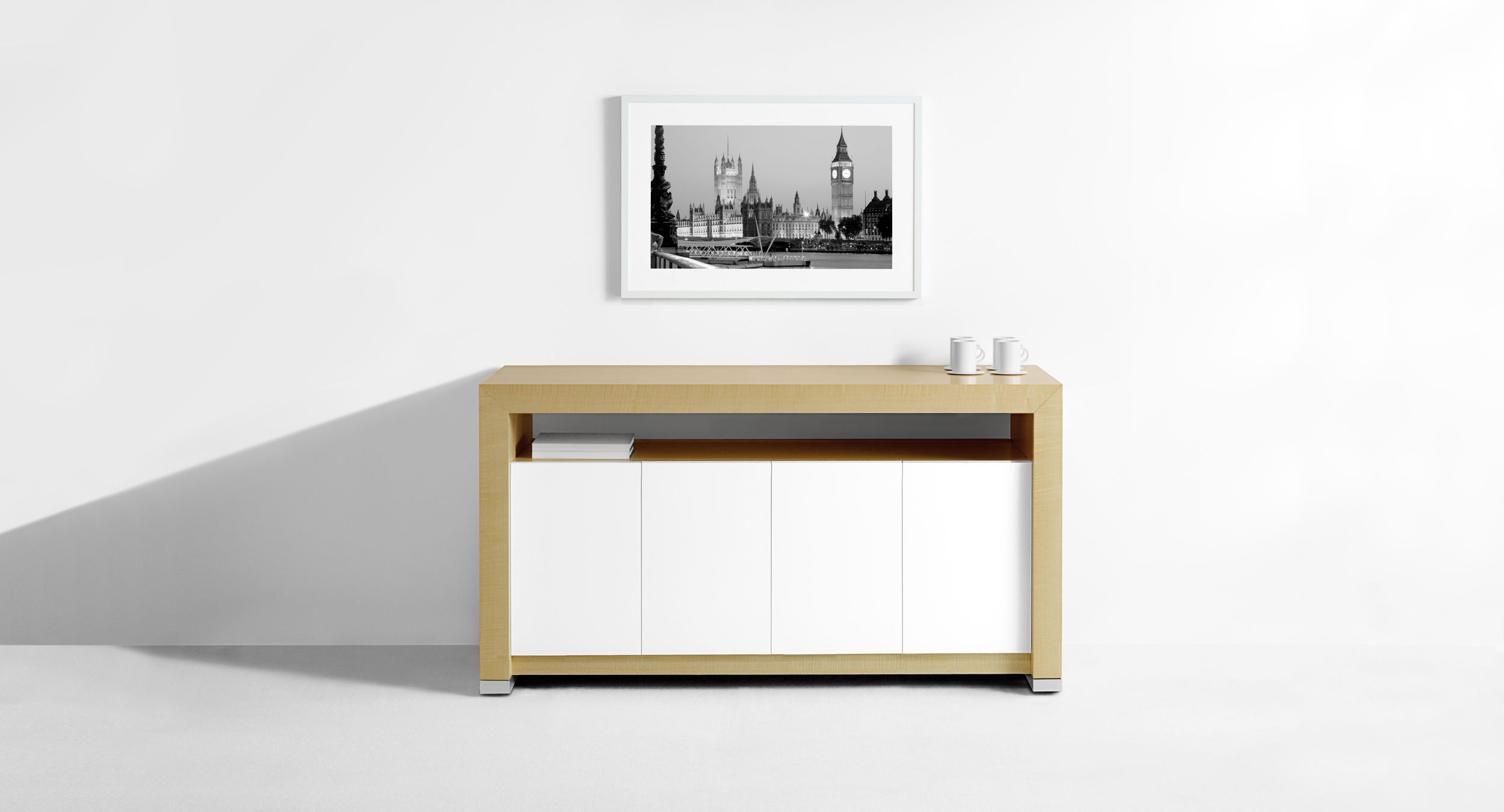 Motus Serving Credenzas are mobile and feature door access from the front and back.