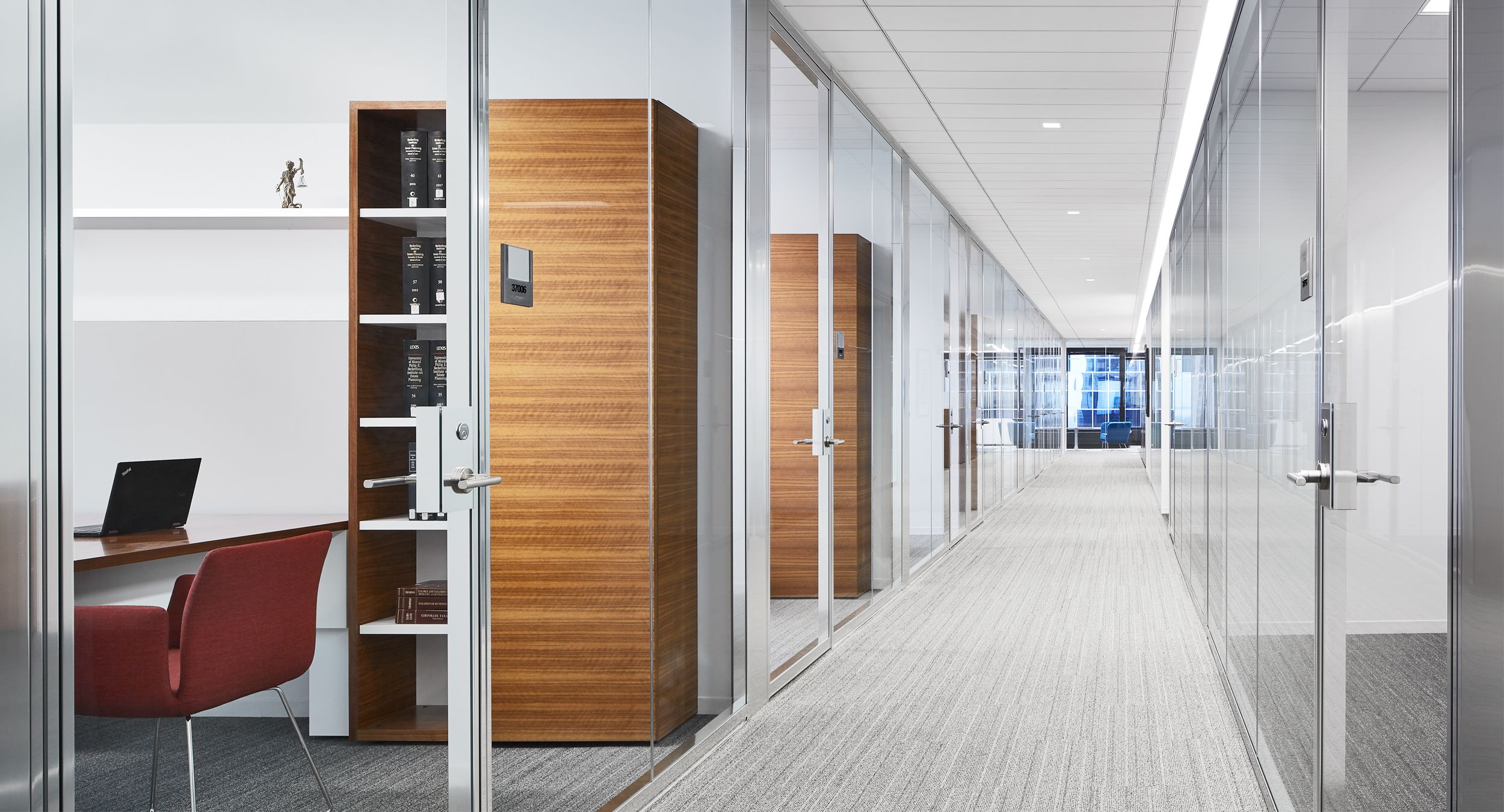 NEW MILLENNIA private offices feature grain-matched Quarter Cut Walnut and are designed to perfectly meet user needs.