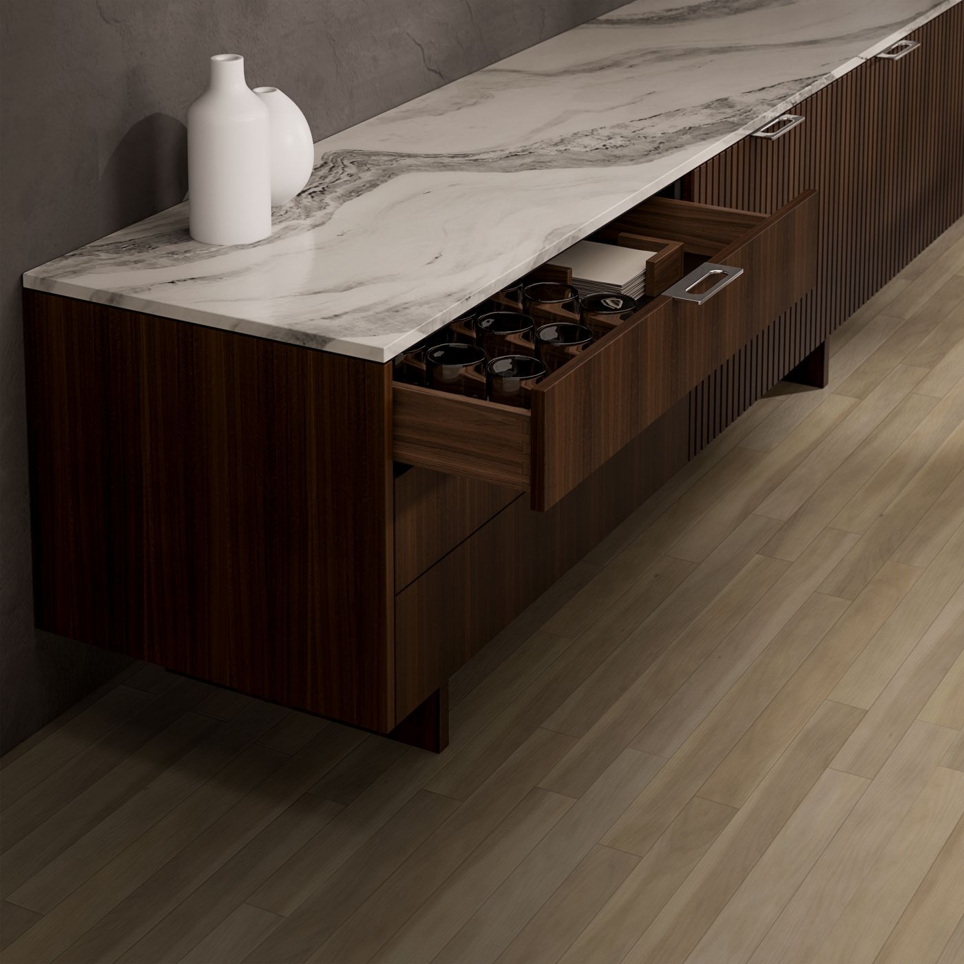 Thoughtfully integrated storage components provide elevated comfort and utility.