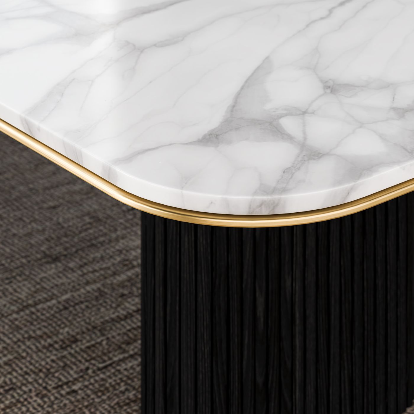 Brushed anodized brass edge on ASTORIA harmonizes beautifully with the tamboured, black oak base and Calacatta stone.
