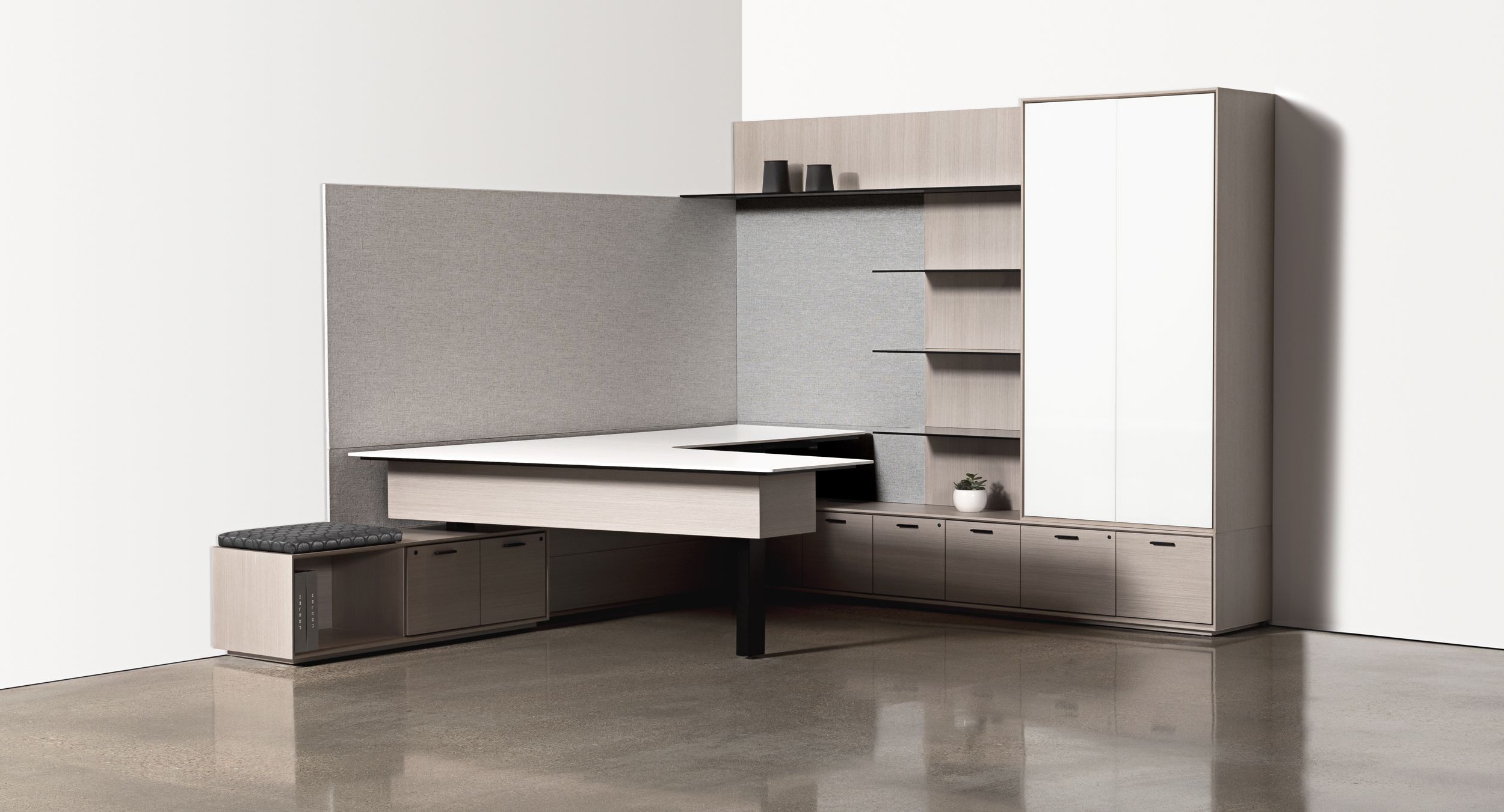 Custom private office in a luxurious palette of stain-matched figured ash, Designer white back-painted glass doors, Cosmos black metal shelves, black anodize hardware, and Fenix NTM work surfaces.