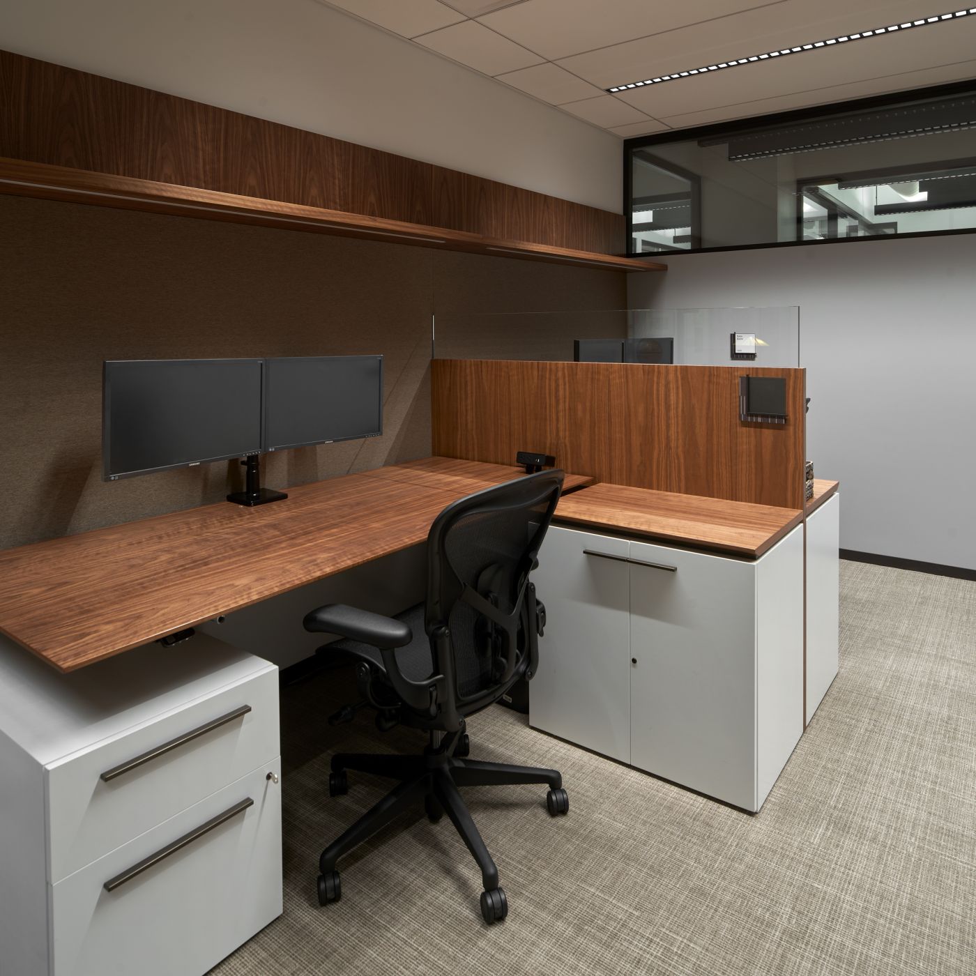 Custom 2-Seat workstation in Figured Walnut and Deep Bronze.