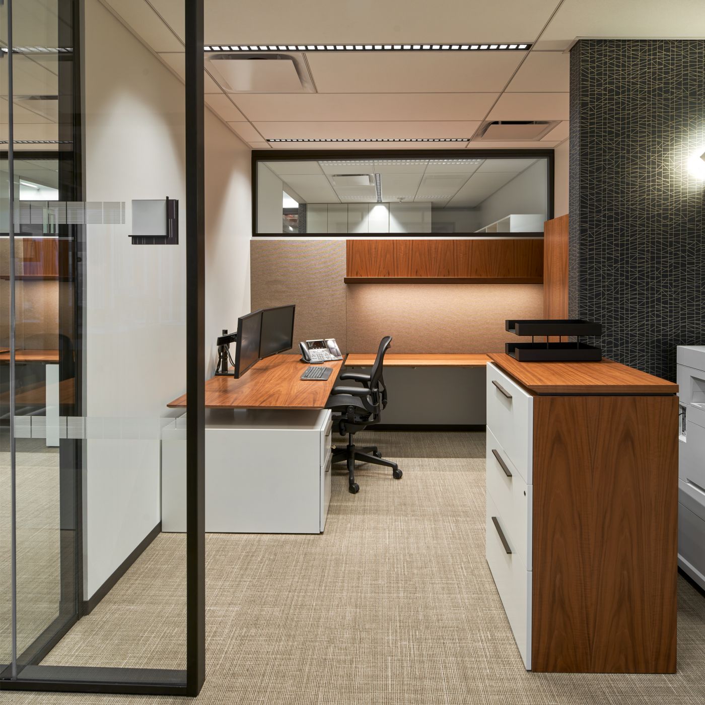 Custom Office solution in Figured Walnut, Deep Bronze, and Designer White