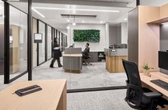 White Oak tambour, etched-glass, FENIX and Light Luxe Metallic make up this custom reception station. thumbnail