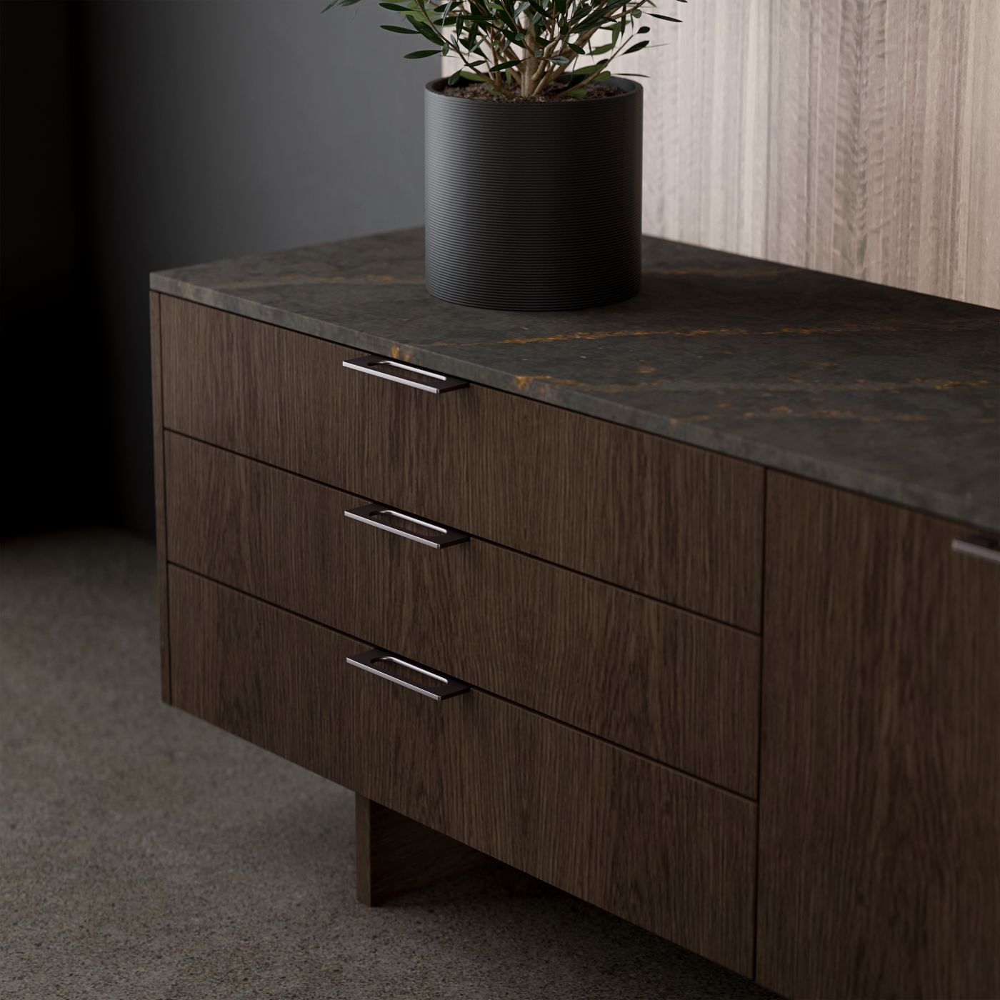 A timeless modern finger pull design meets ADA accessibility standards and is offered in a range of luxurious and durable anodized metal finishes.