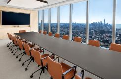 54d x 288w HALO conference table with a back-painted etched glass surface, Mink HALO soft edge,  and flat cut Sen panel base. thumbnail