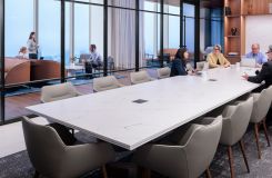 Stunning HALO table with quarter-cut walnut y-base and Cambria Hawksmoore surface.  thumbnail