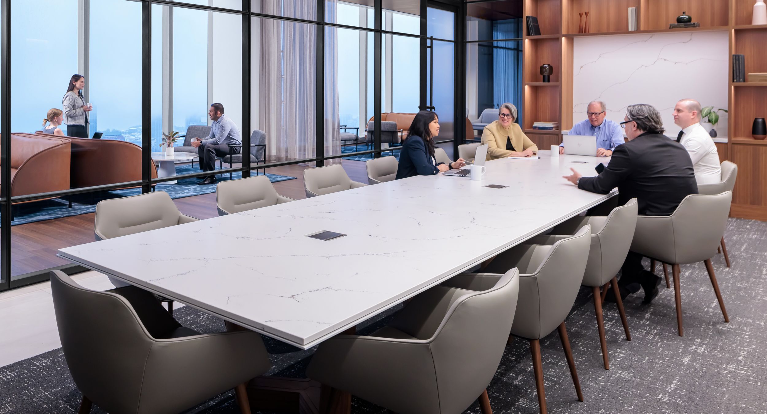 Stunning HALO table with quarter-cut walnut y-base and Cambria Hawksmoore surface. 