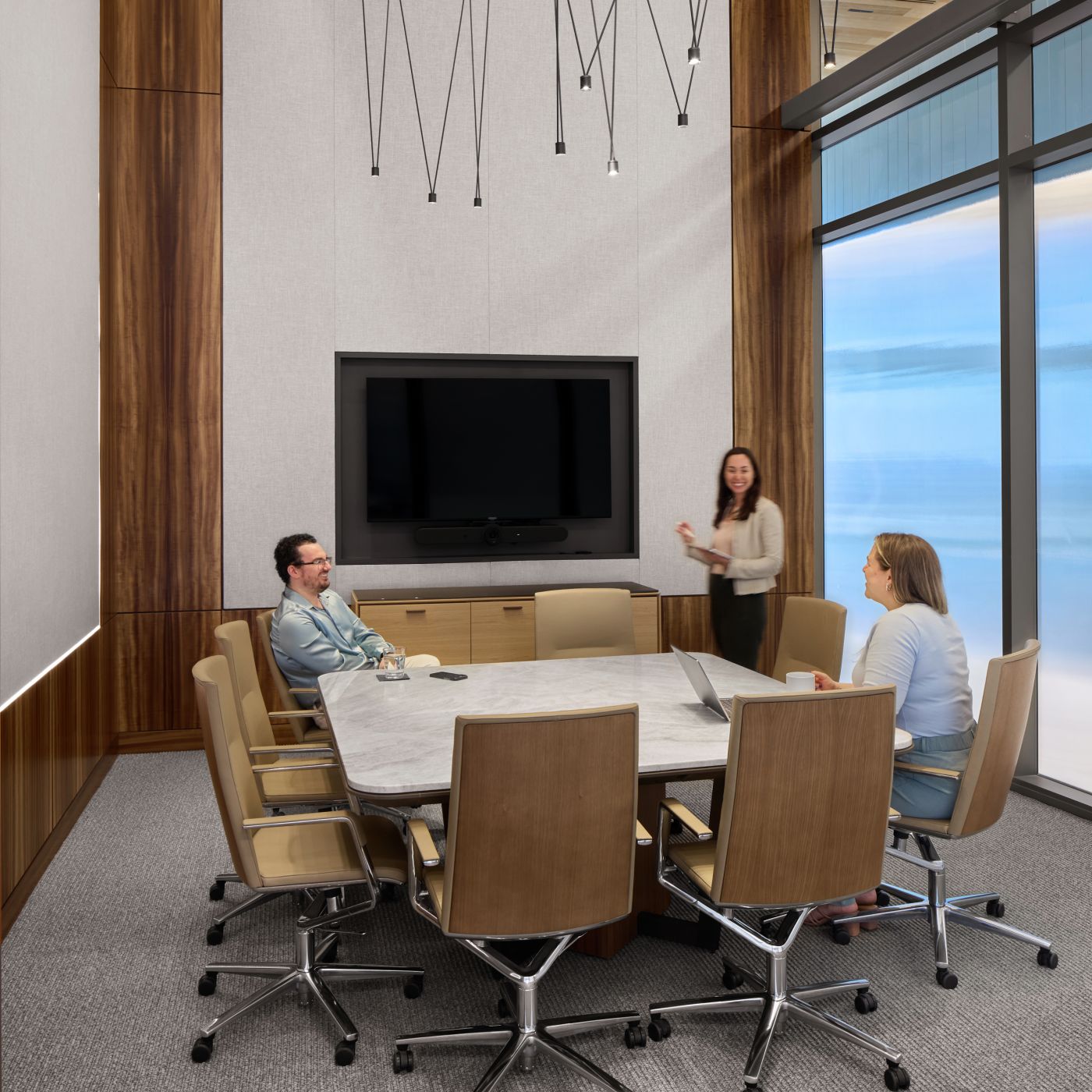 66 x 66 Soft Square Halo table with 2cm stone surface and Halo credenza in August Hickory and Deep Bronze.
