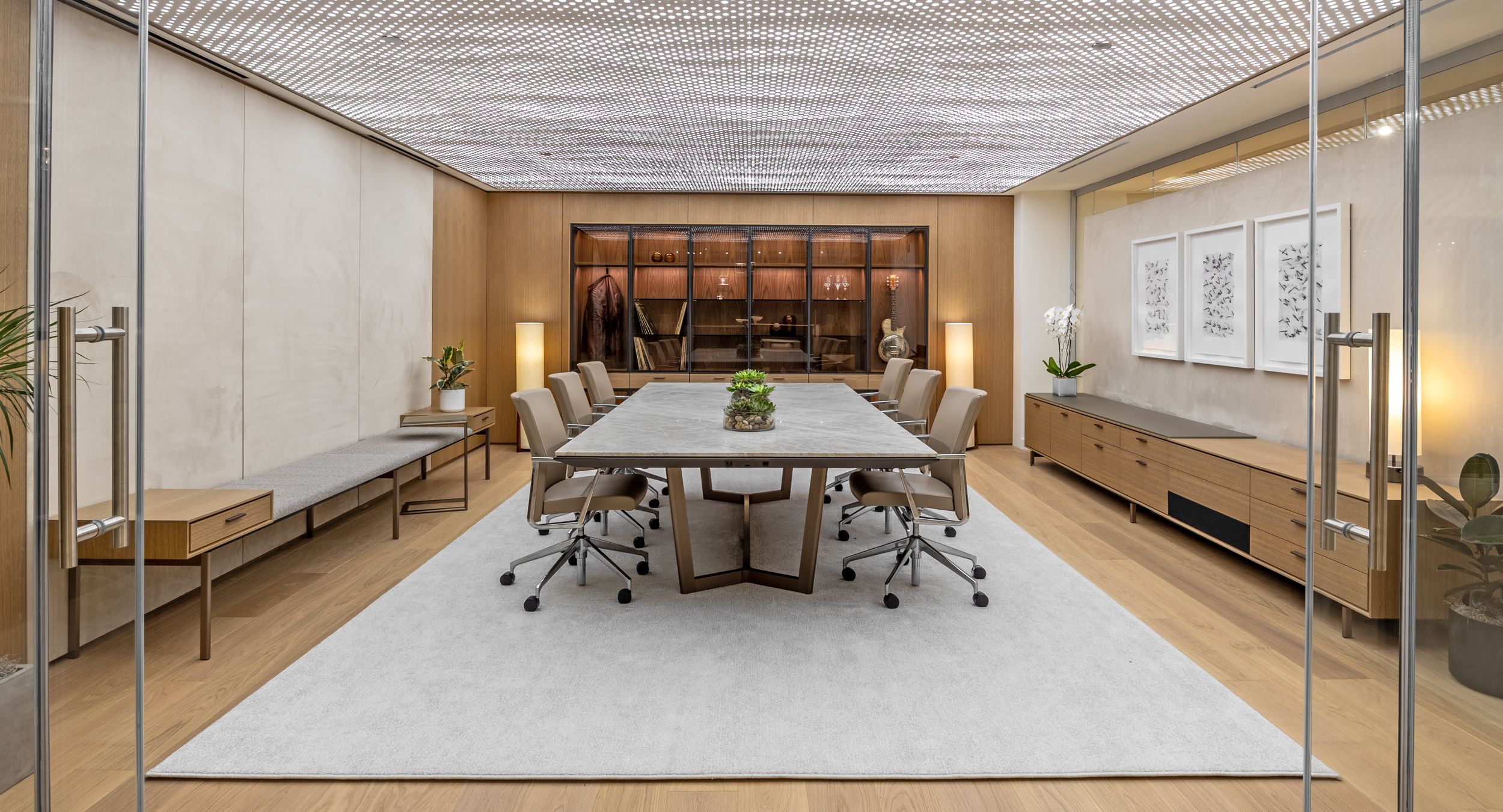 Redesigned HALO conference room with Weathered Oak credenza and wall panels.