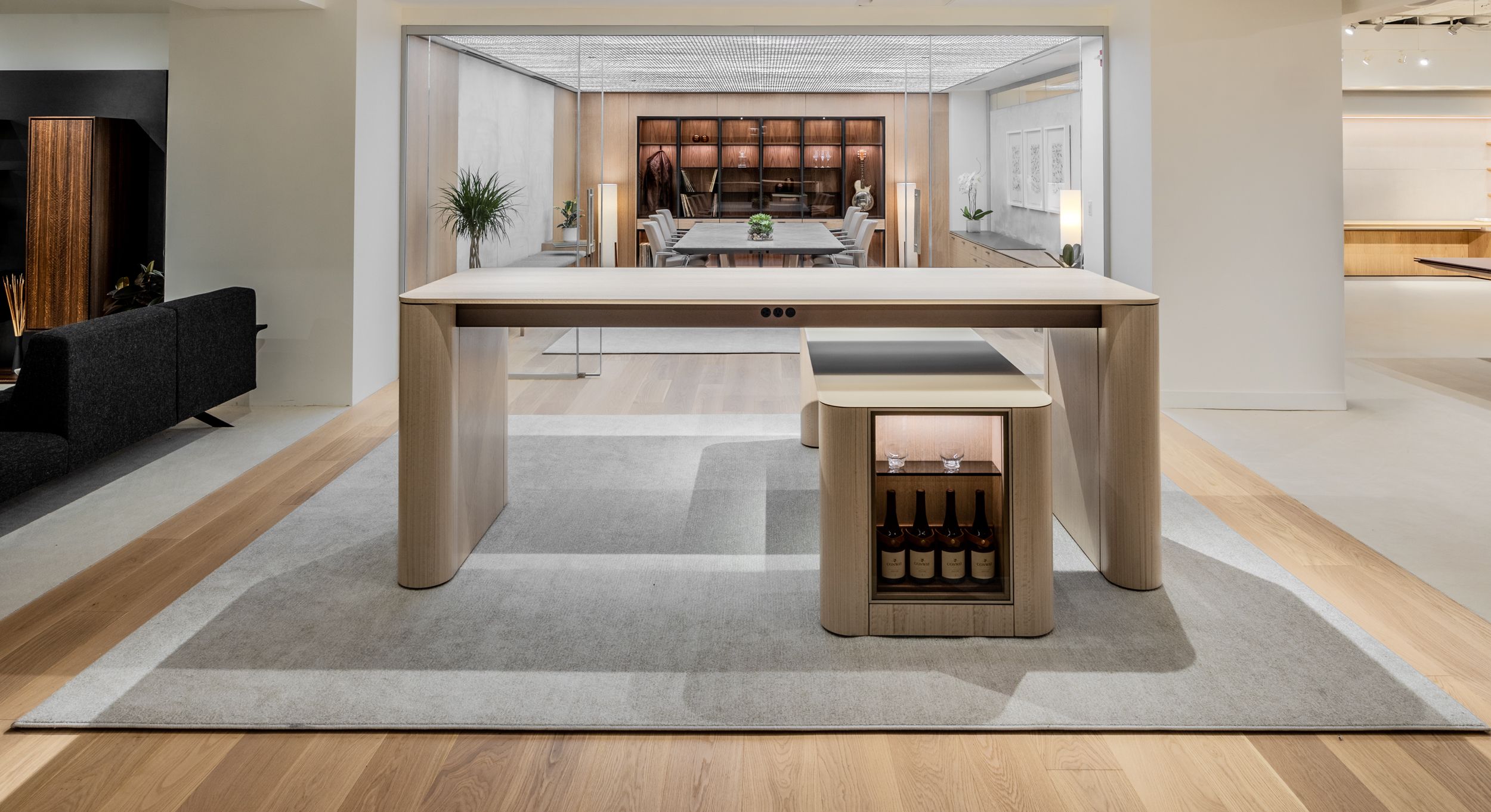 ASTORIA reconfigurable communal tables in Bleached Eucalyptus and Light Bronze