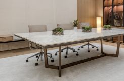 HALO Conference Table with Taj Mahal stone surface and Light Bronze Anodized Base. thumbnail
