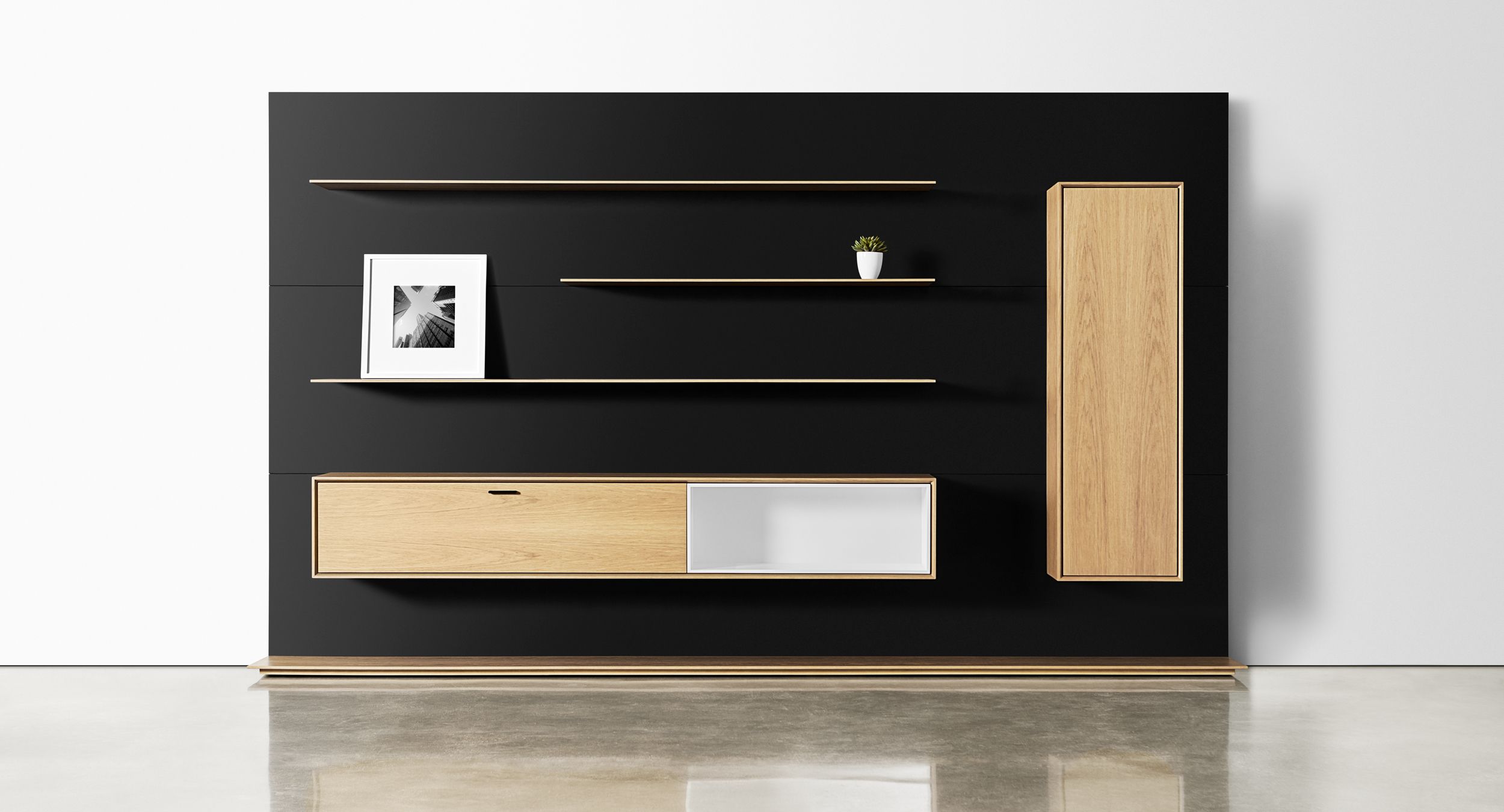 An executive workwall grants useful storage in light, beautiful scale.