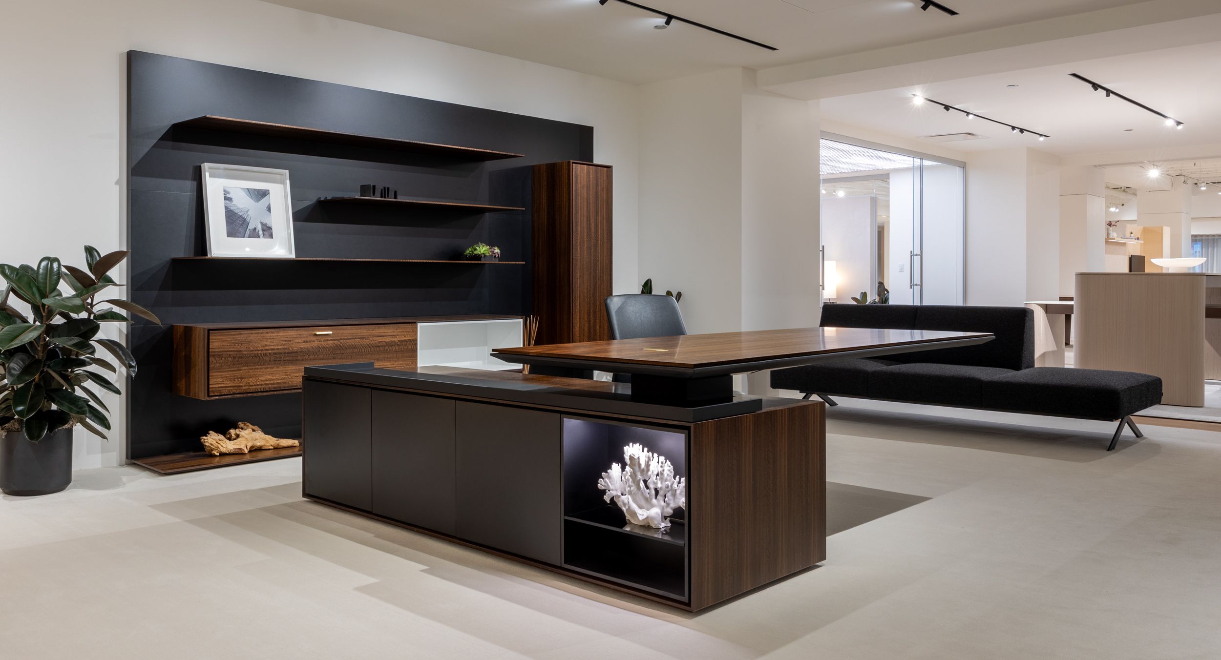 HALO Office cantilever desk in Figured Fumed Eucalyptus.