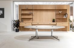 Stunning HALO OFFICE Executive work wall in custom white Oak is the perfect complement to the timeless design of the HELM adjustable-height desk. thumbnail
