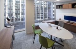 HALO OFFICE suite with matching HALO credenza and Alpine White oval SESSIONS table-desk.  thumbnail