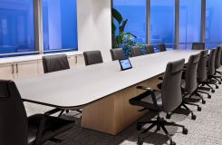 60d x 240w MESA table with etched-glass surface and Rift Cut White Oak continuous base. thumbnail