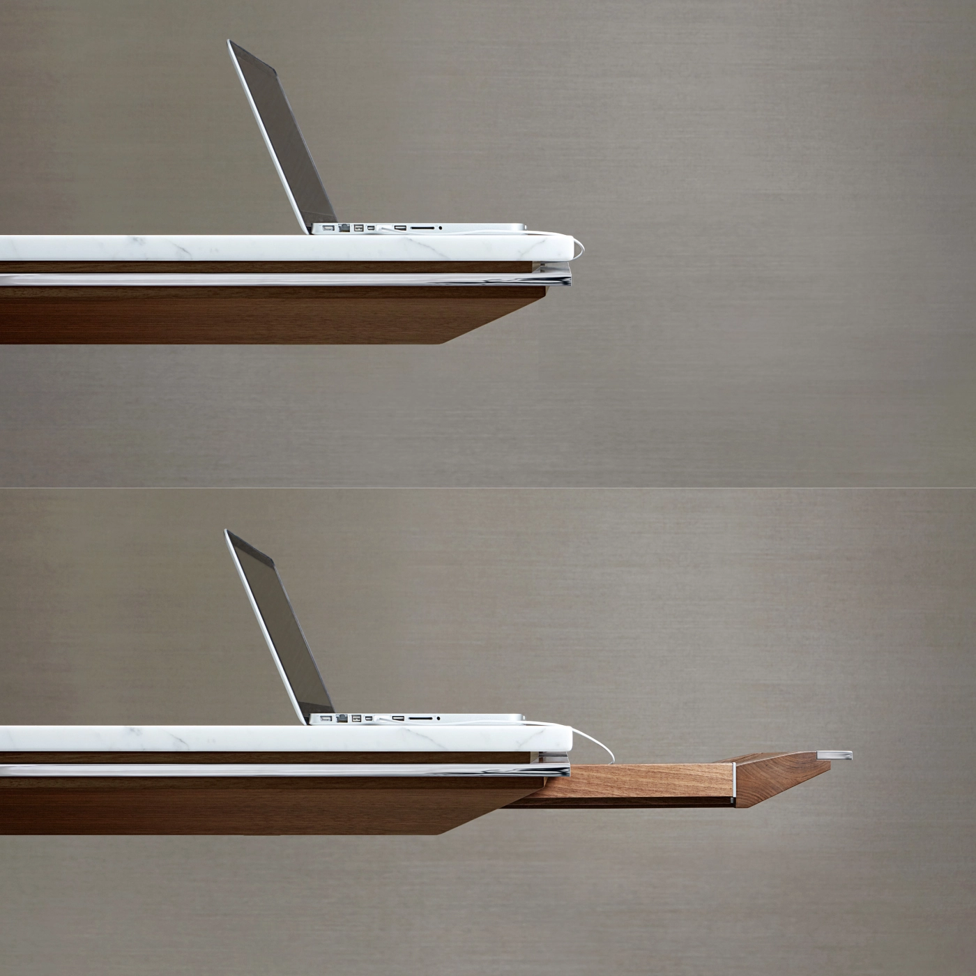 Eliminate surface clutter and comfortably access technology with innovative concealed drawers.