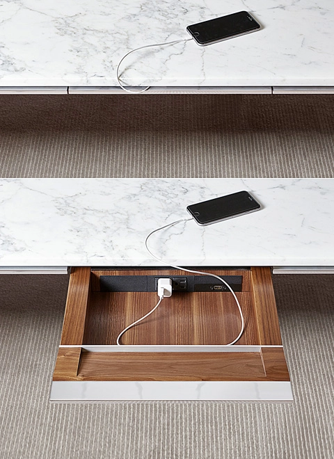 Integrated drawers deliver technology to your fingertips with configurable power and Extron AAP data modules. 