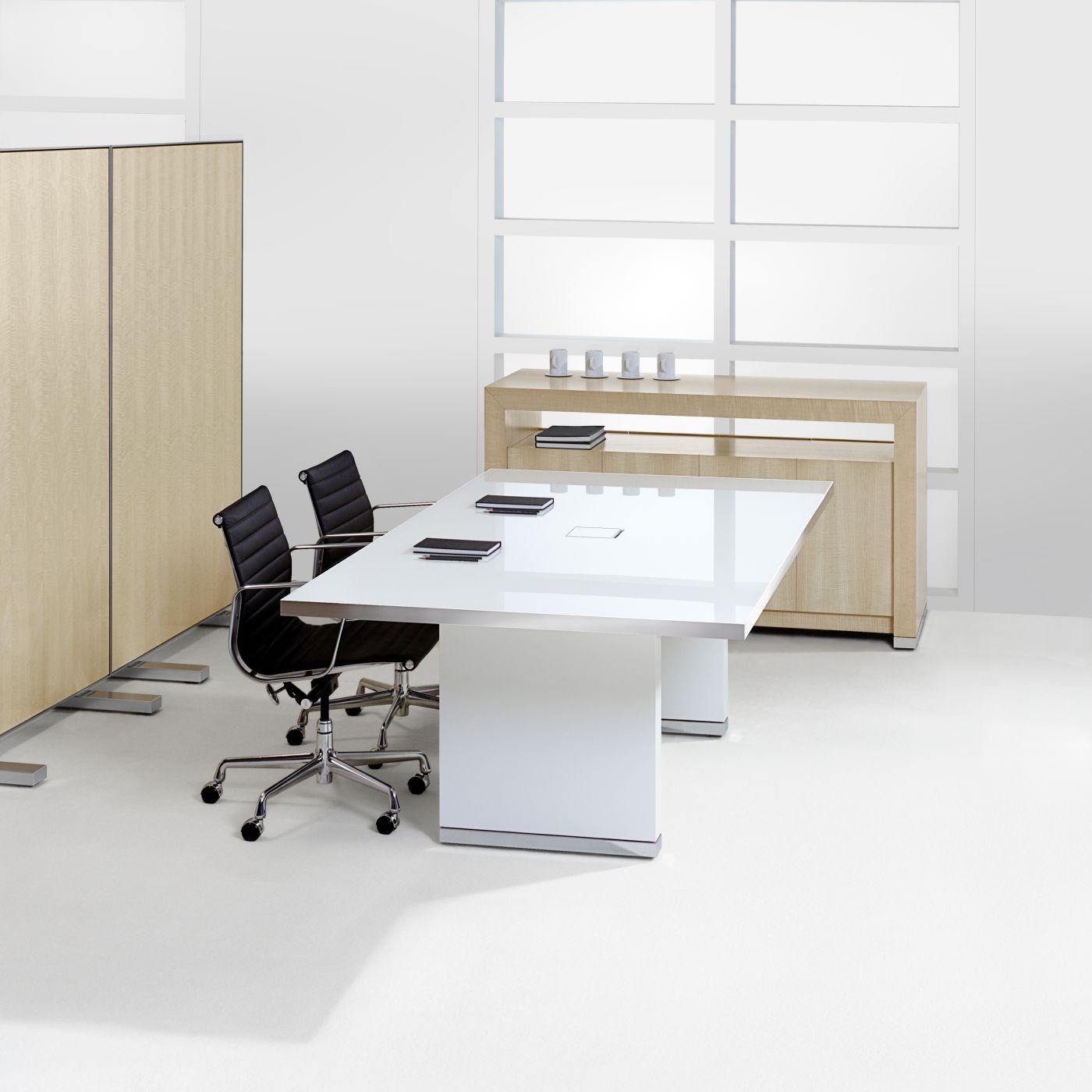 Mobile glass table, screens, and serving credenza