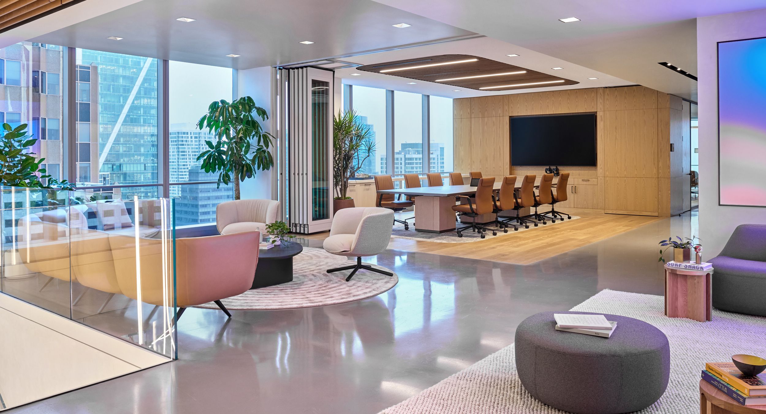A trio of MOTUS tables brings an executive level finish to this reconfigurable space.