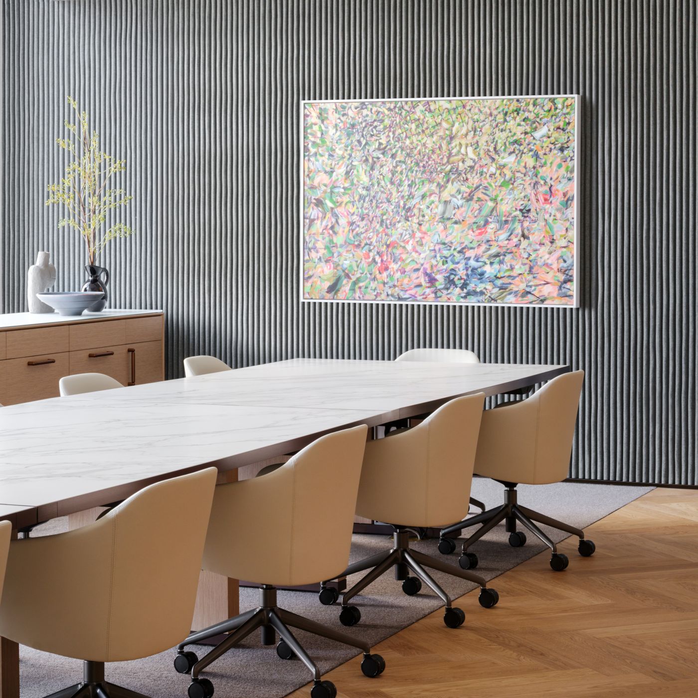 Neolith surface Motus reconfigurable tables in Natural White Oak and Deep Bronze anodized trim.