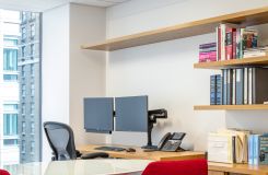 NEW MILLENNIA offices feature White Oak veneer with Sessions elliptical tables in Polished Chrome and White Glass. thumbnail