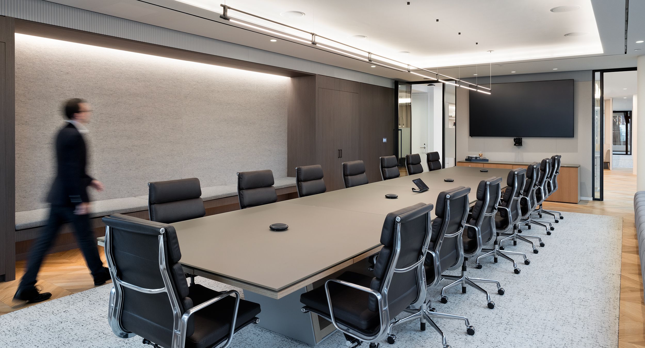60x282 Optic conference table with a Light Luxe Metallic glass surface.