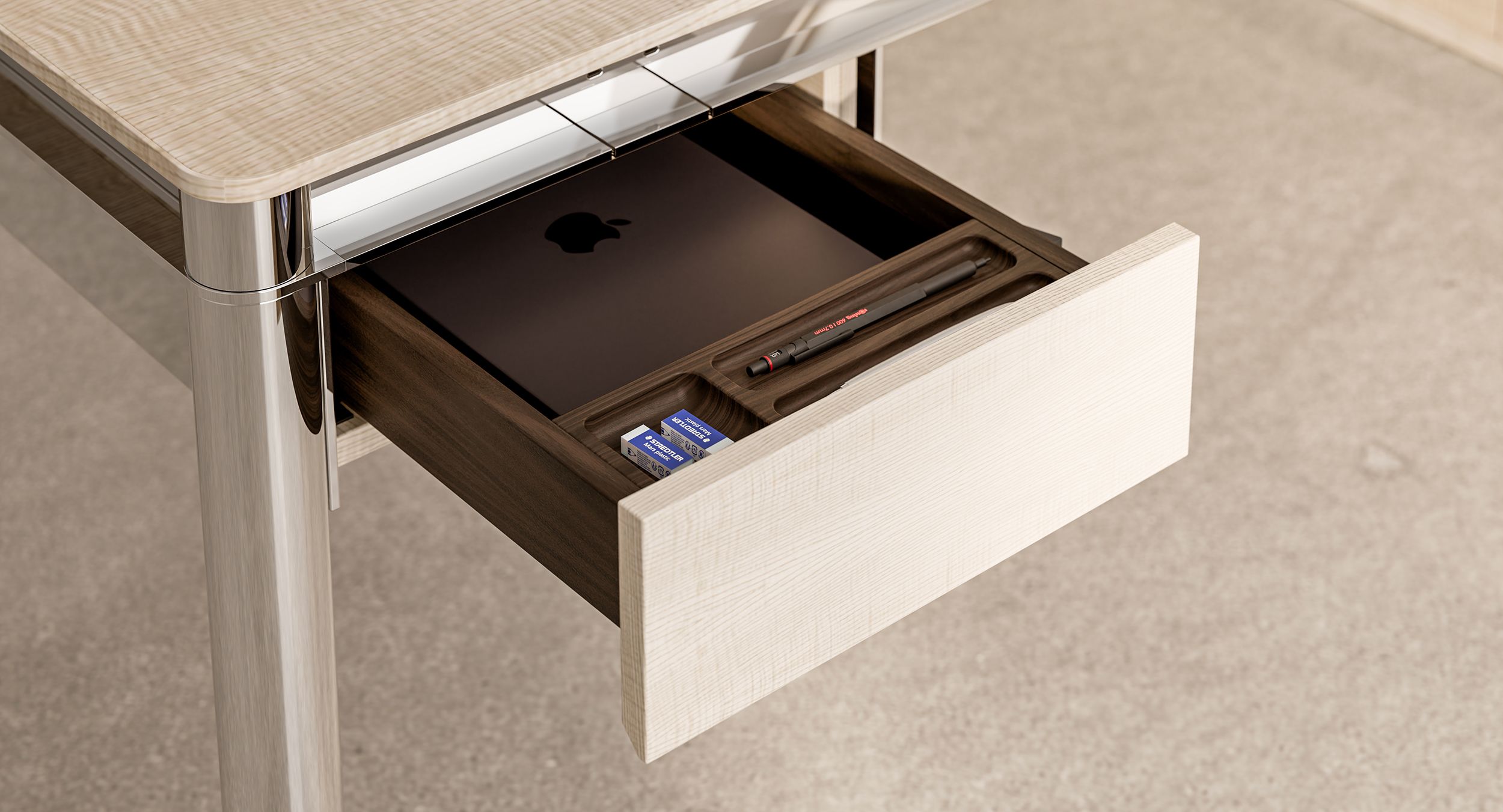 VESPER's drawer elegantly stores all your work tools and delivers all-day power.
