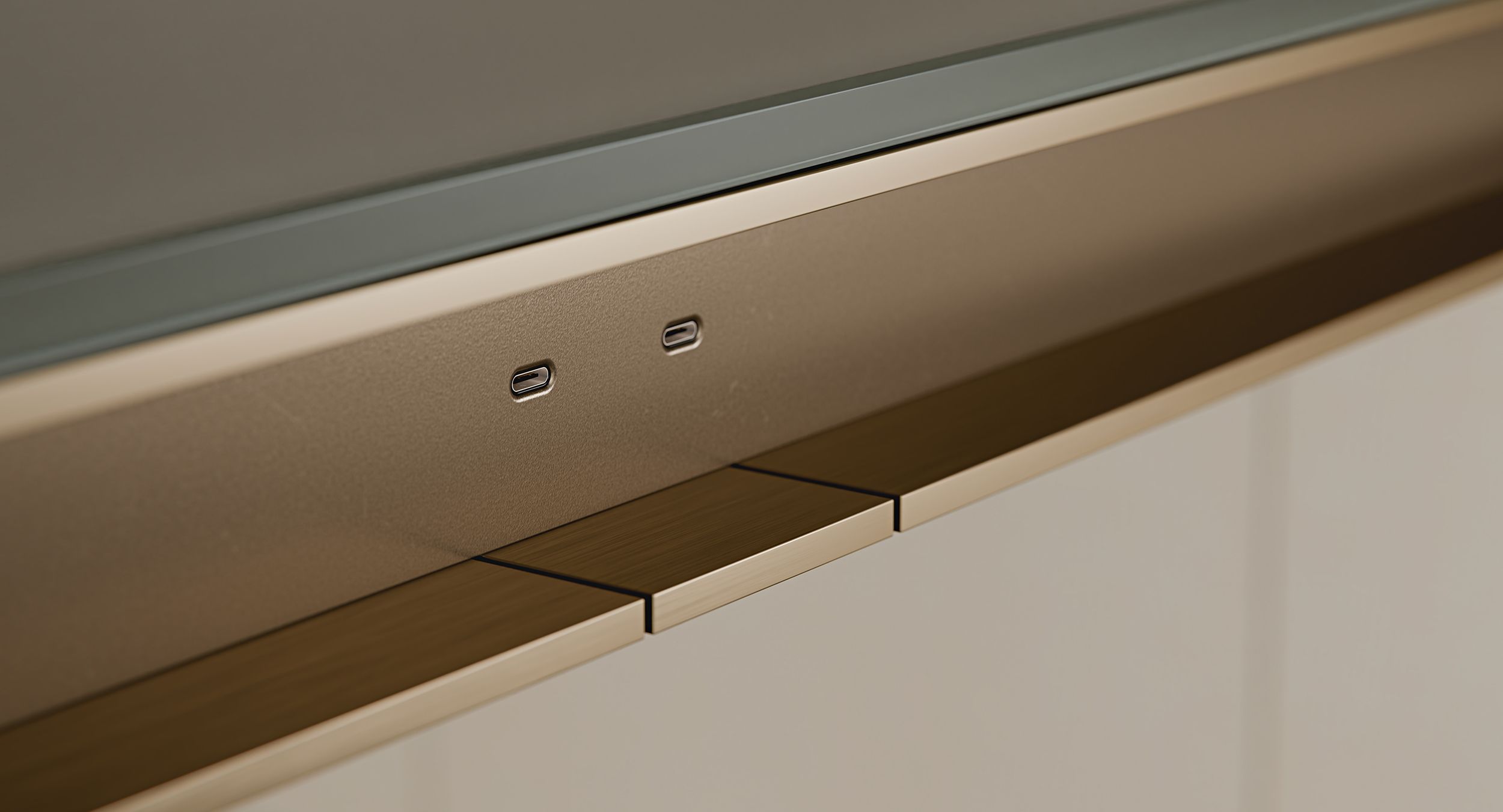 Adjustable-height controls and power are cleanly integrated into the rail and trim.