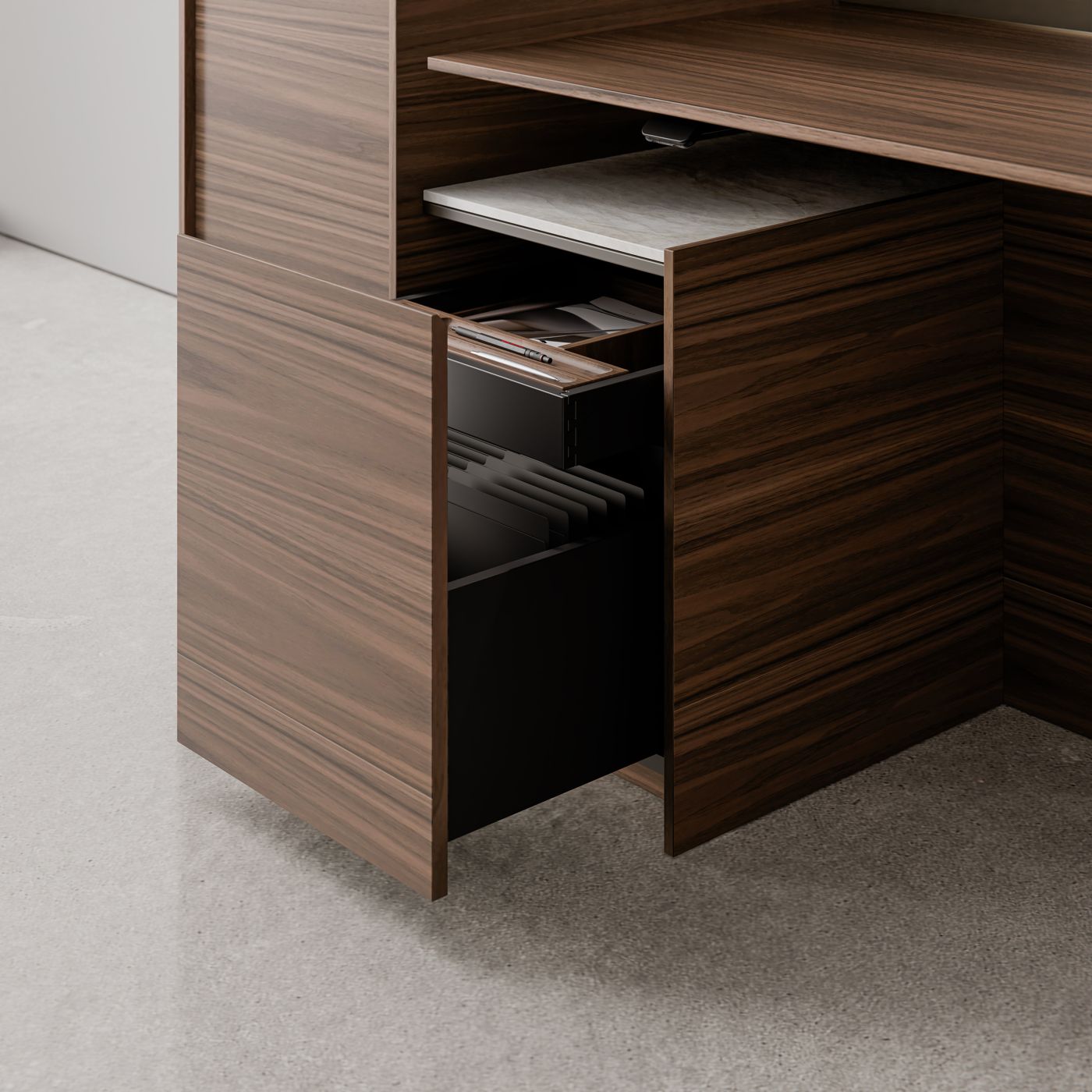 Thoughtfully resolved storage elements are expressed throughout, including an integral finger pull.