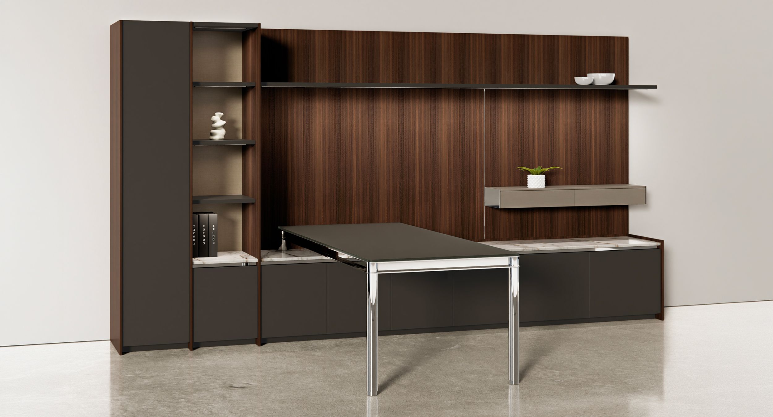 VESPER unites height-adjustable worksurfaces with refined storage—resulting in a workspace of timeless elegance and enduring presence.