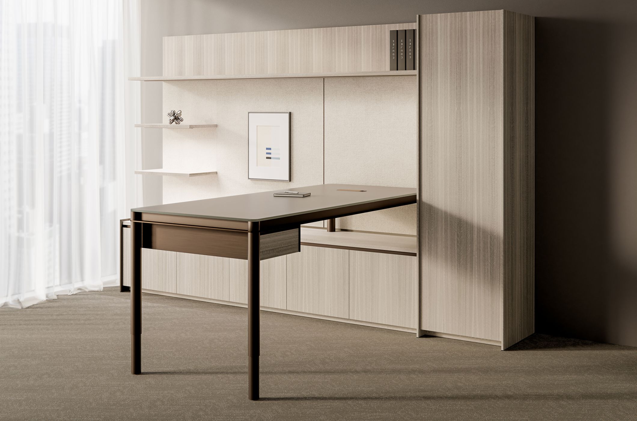 Sleek, height-adjustable desking is beautifully integrated and offered in an extensive range of sizes, materials and finishes.