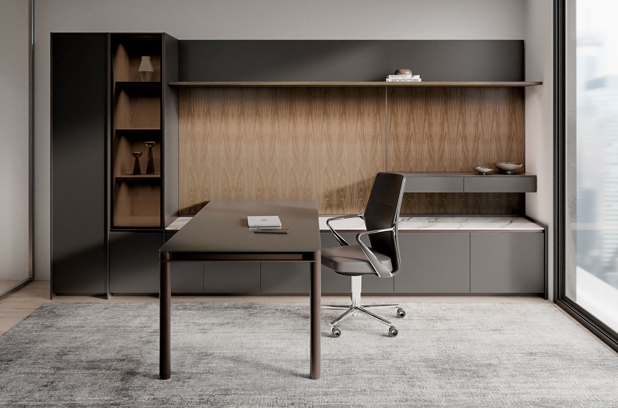 VESPER unites height-adjustable worksurfaces with refined storage—resulting in a workspace of timeless elegance and enduring presence.