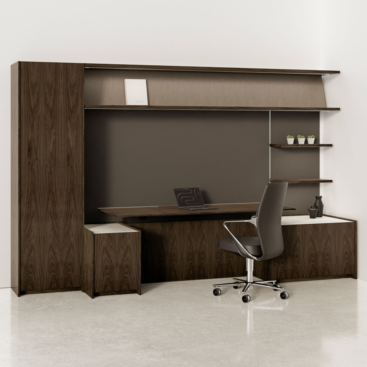Sleek, height-adjustable desking is beautifully integrated and offered in an extensive range of sizes, materials and finishes.   Clean lines, refined proportions, and subtle detailing make VESPER the ideal solution for any space.