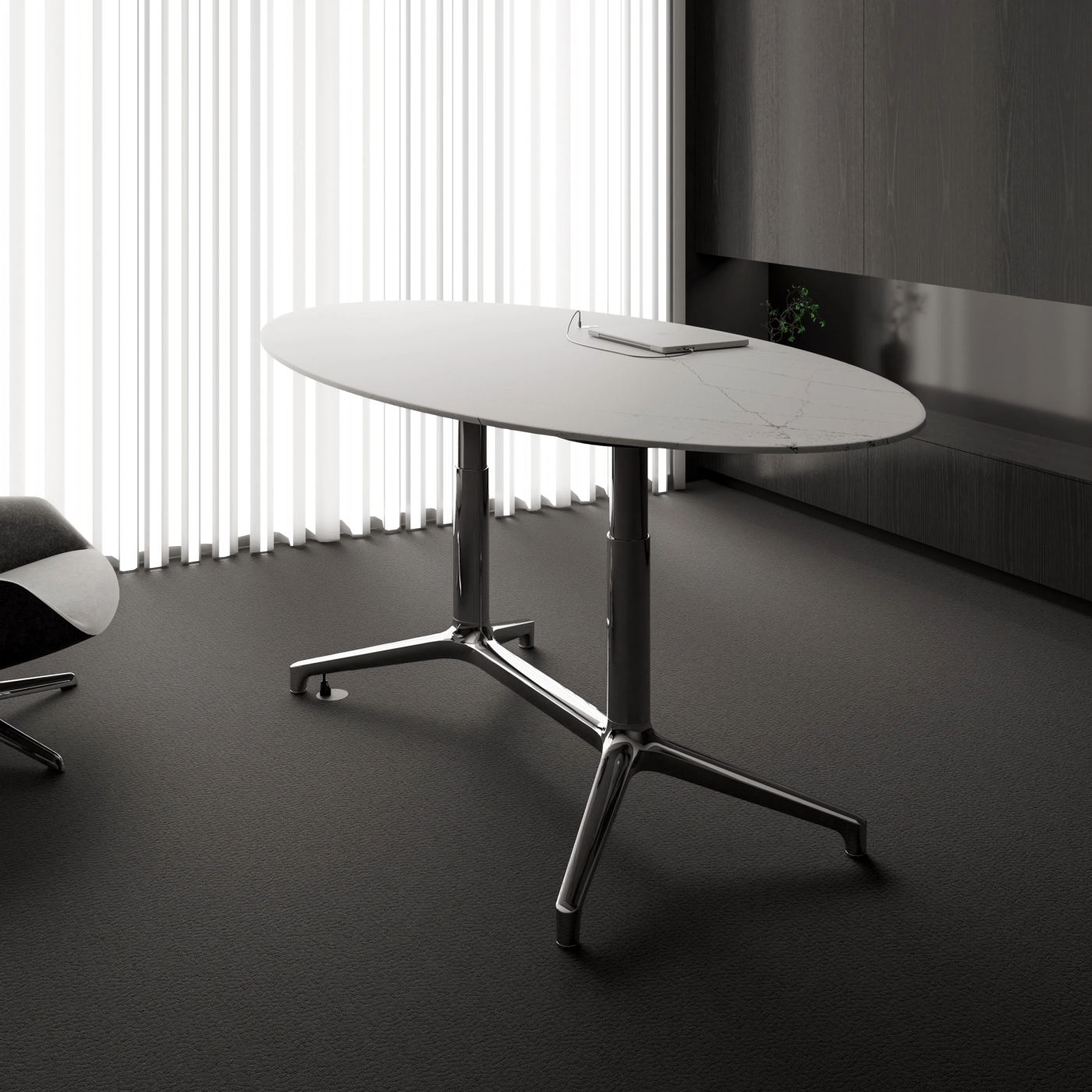 Helm is perfectly
proportioned, appointed with luxurious materials, sleekly
integrated with technology, and unexpectedly equipped
with an adjustable-height surface.