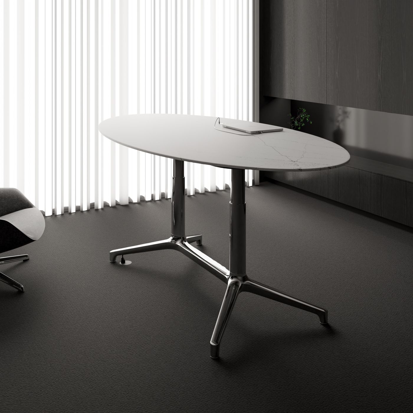 Helm is perfectly
proportioned, appointed with luxurious materials, sleekly
integrated with technology, and unexpectedly equipped
with an adjustable-height surface.