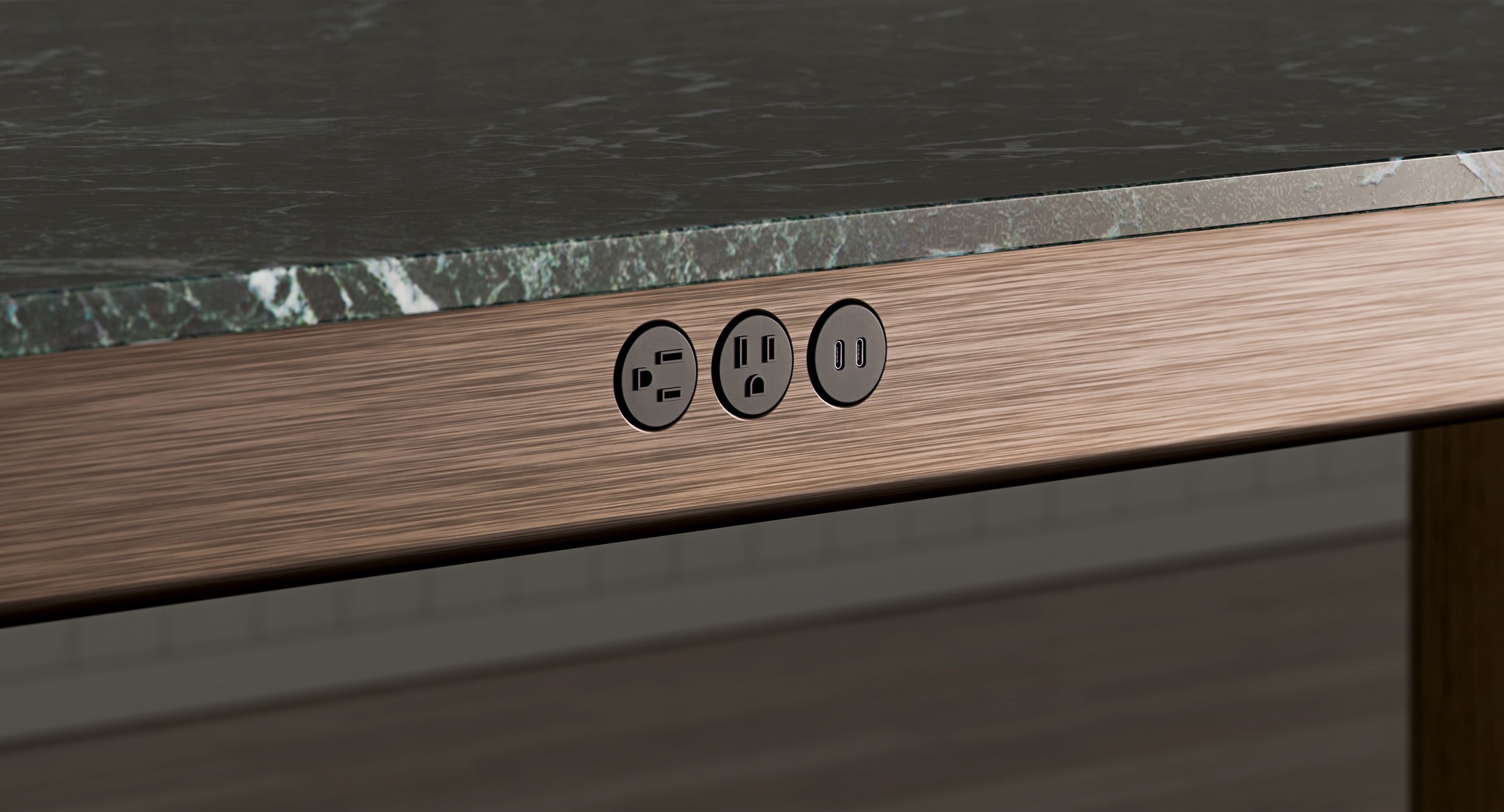 Power is smartly integrated into a beautiful metal  rail, making technology conveniently accessible for users.