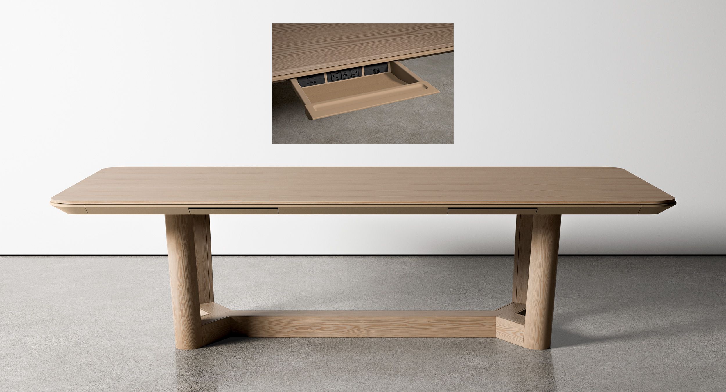 Halo also features gorgeous wood table bases in any veneer species and finish with concealed wire pathways to invisibly integrate technology needs.