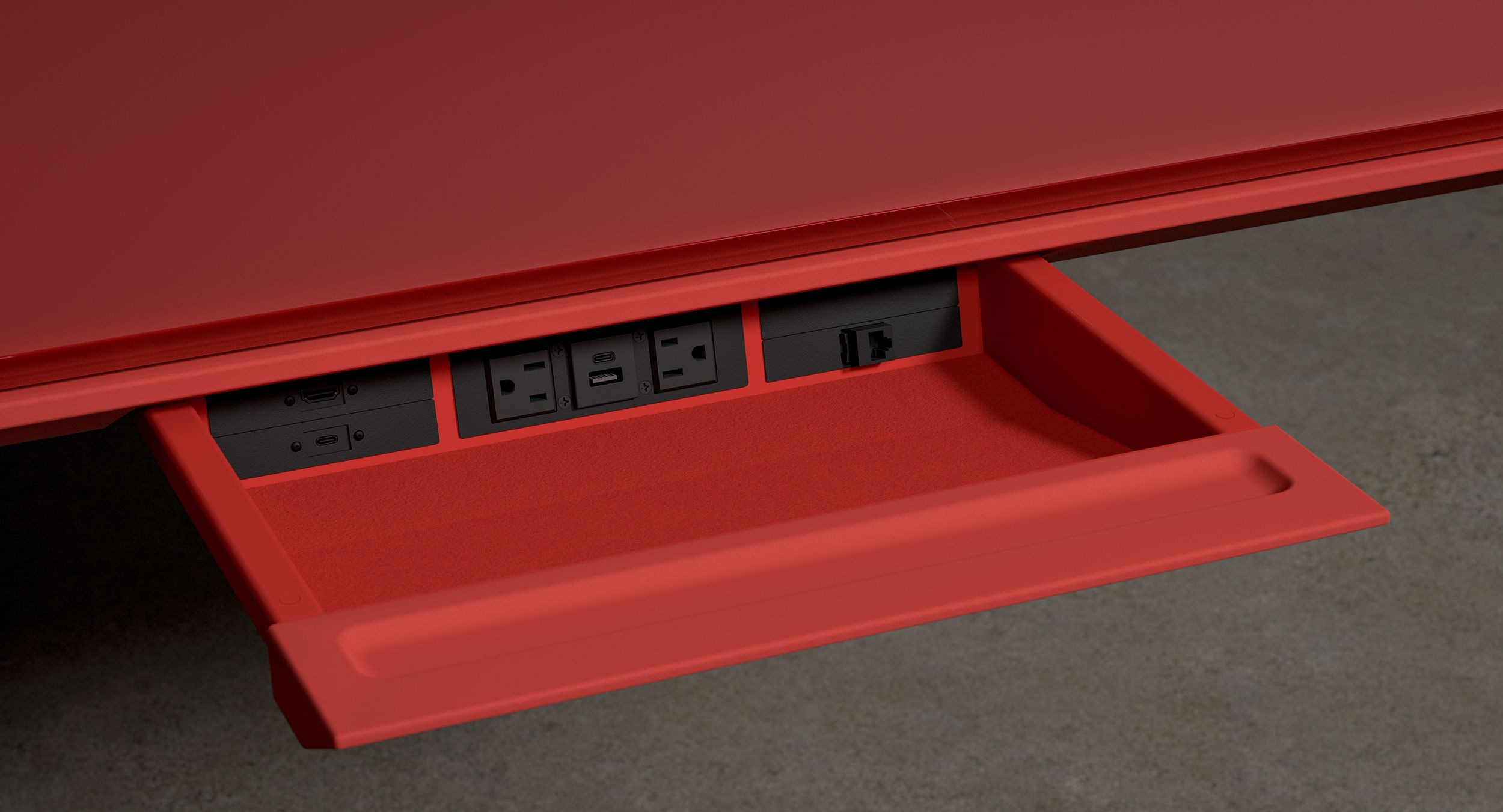 Eliminate surface clutter and comfortably access technology with concealed drawers.