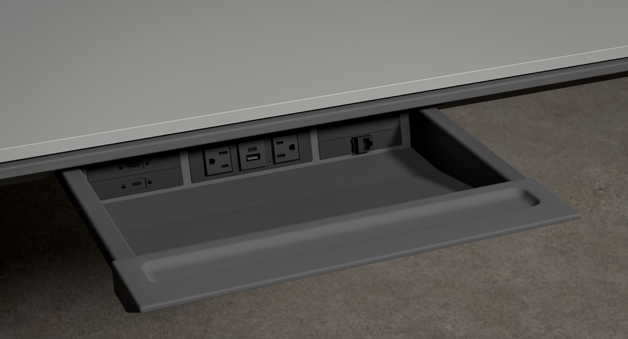 Integrated Drawers deliver technology to your fingertips with power and configurable Extron AAP data modules.