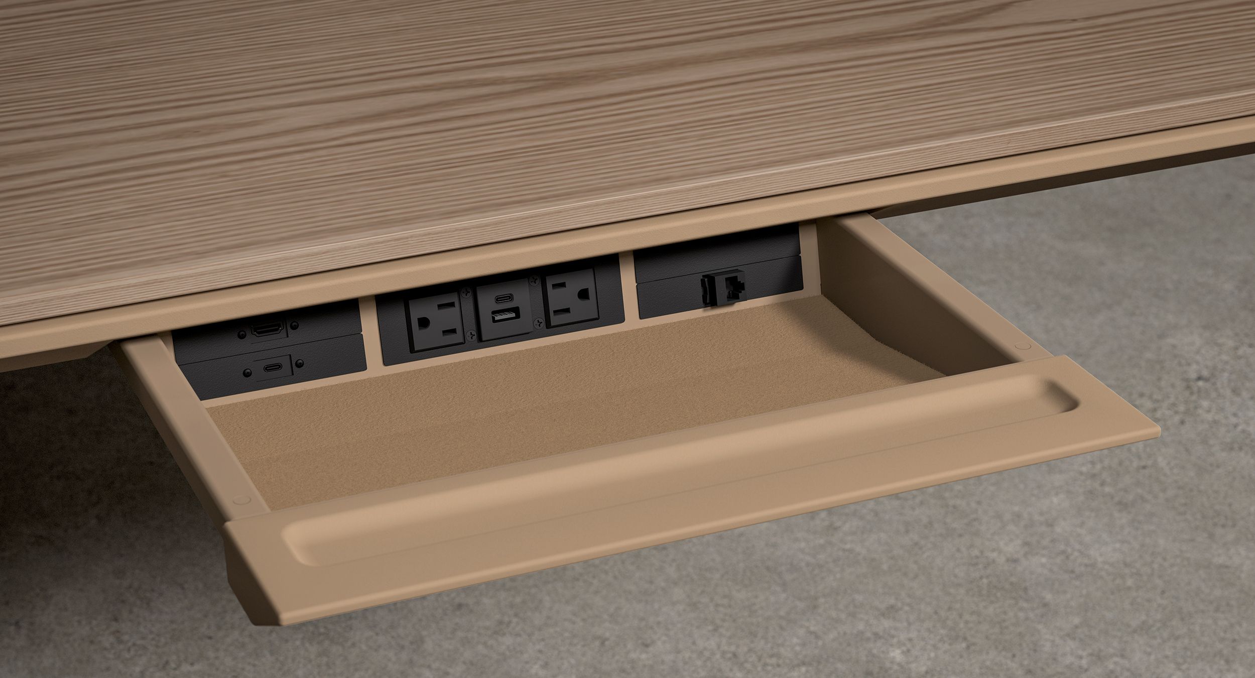 Halo perimeter power drawers are felt-lined with a durable, color-matched Halo soft front.