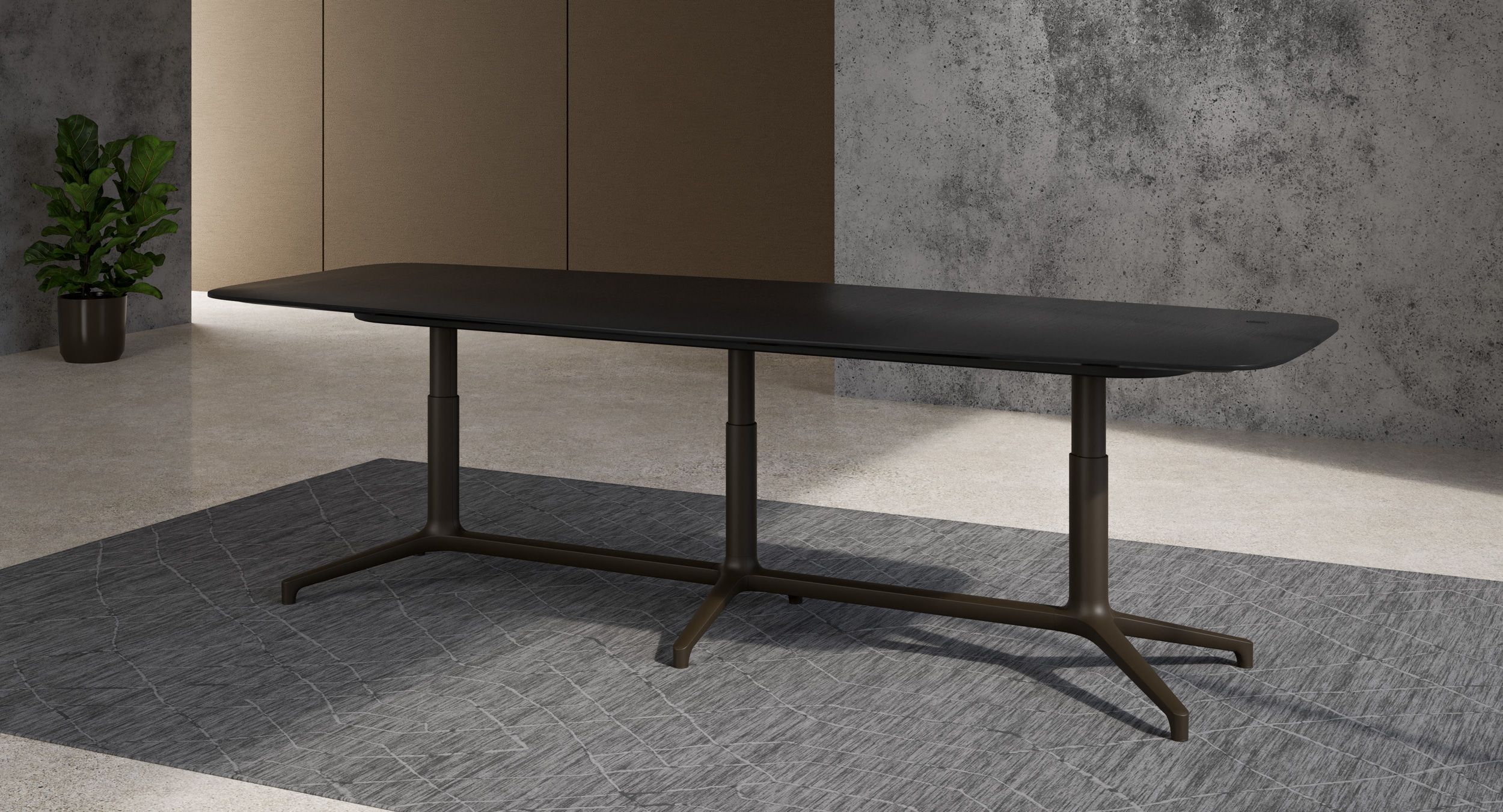 Helm conference tables effortlessly transform from conference table to bar height to maximize space utilization.