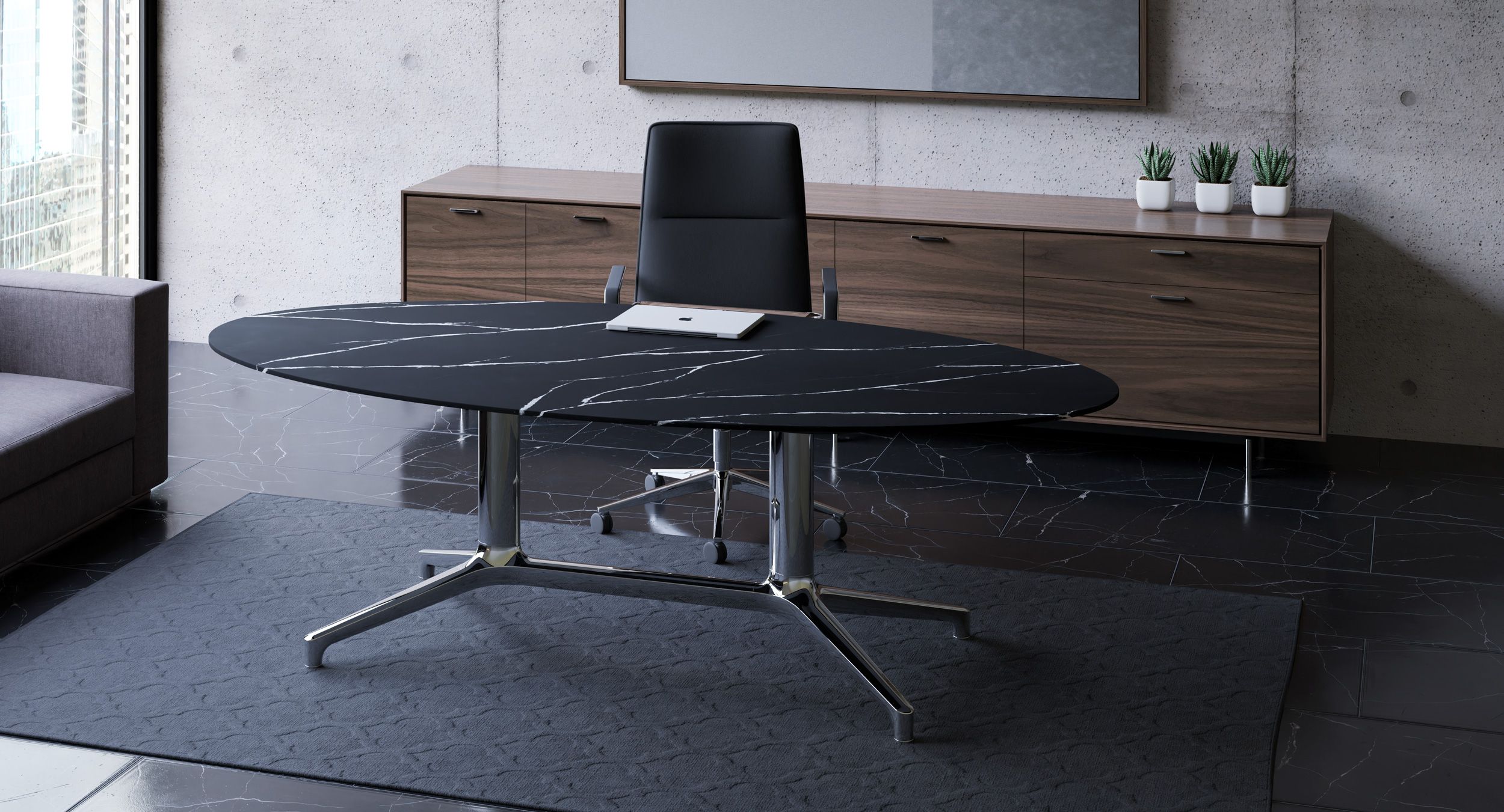 With height-adjustability, technology integration, and a valet drawer to elegantly store work tools, Helm is the
ultimate executive desking solution.