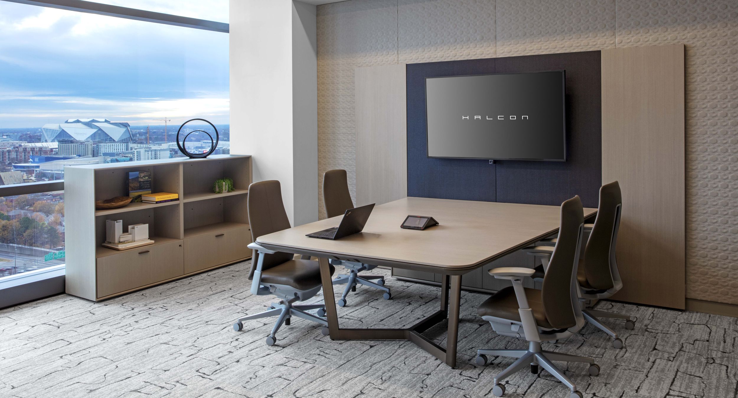 Halo media wall with Mink Halo soft edge and deep bronze base. Matching Halo credenza in silver ligne completes this beautifully functional space.