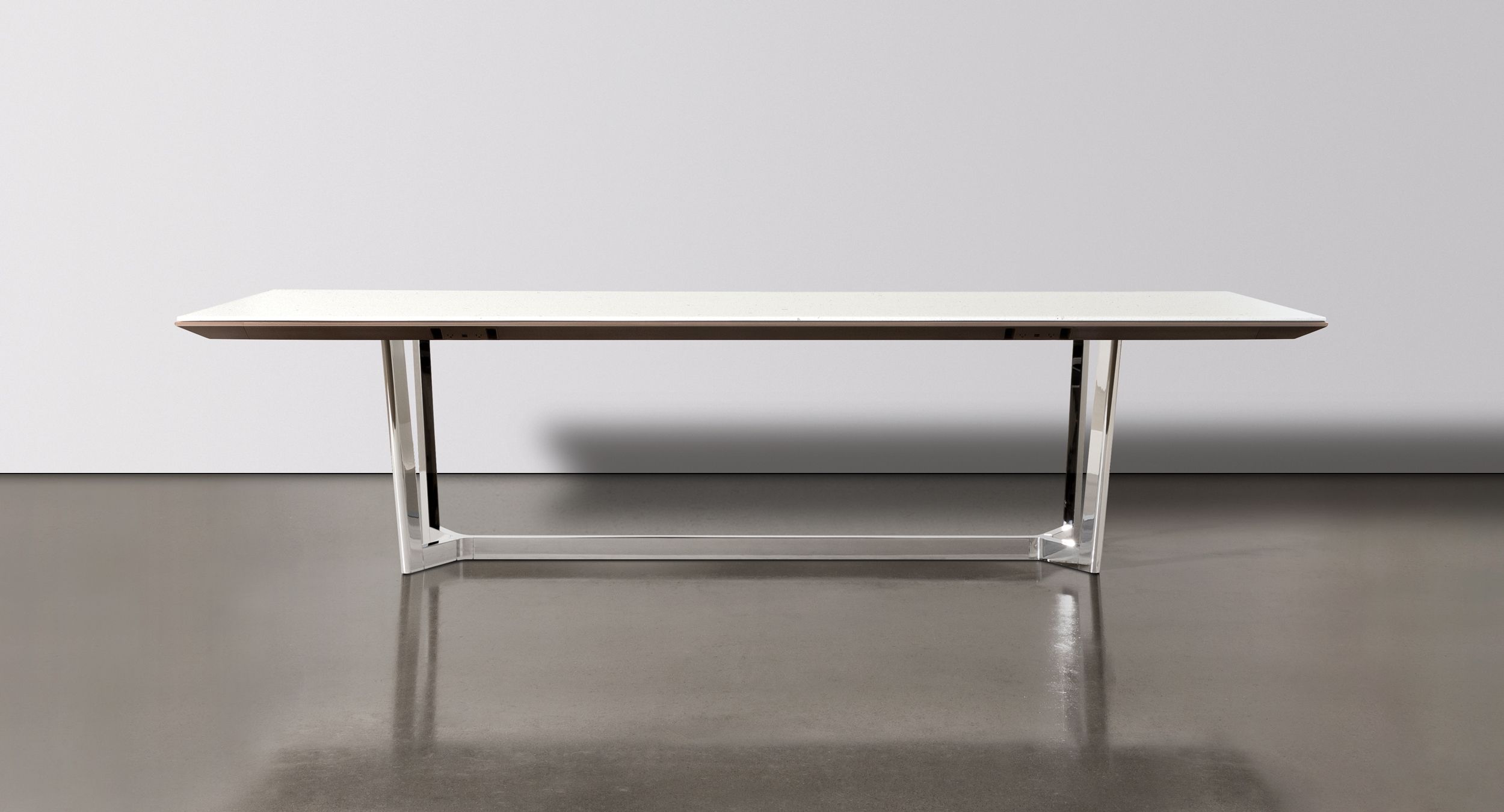Halo table bases are offered in beautiful Polished Chrome or brushed anodized finishes and provide concealed wire pathways to invisibly integrate technology needs.