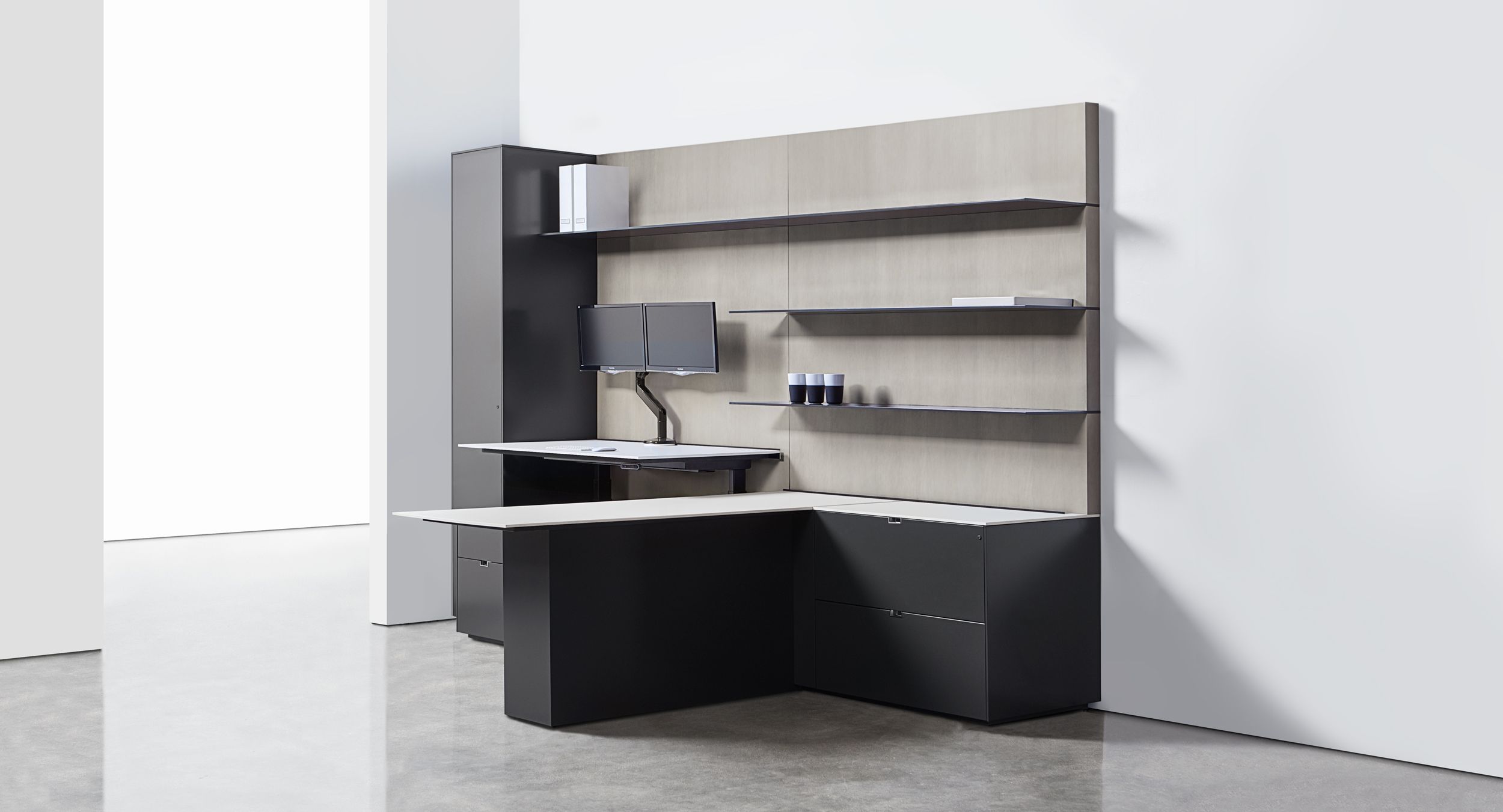Adjustable-height surfaces combine with clean lines for integrated functionality.